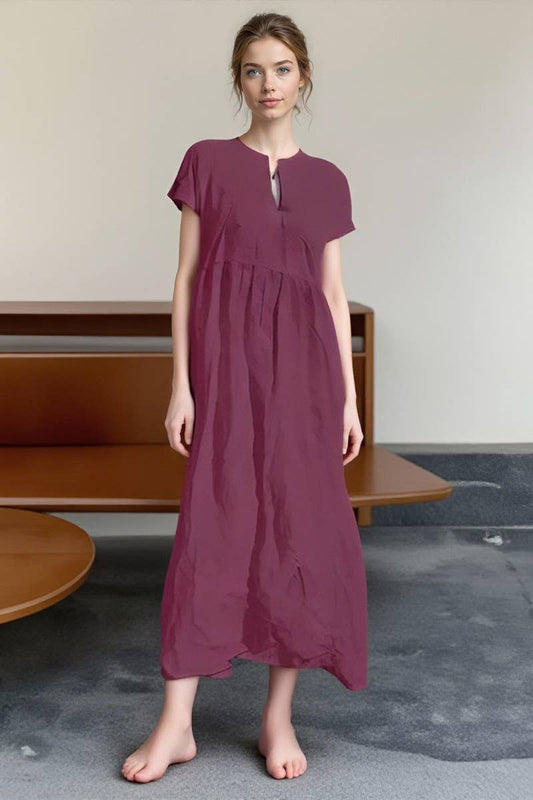 CWDMD00998_SOLID COLOR V-NECK SHORT-SLEEVED LOOSE CASUAL DRE