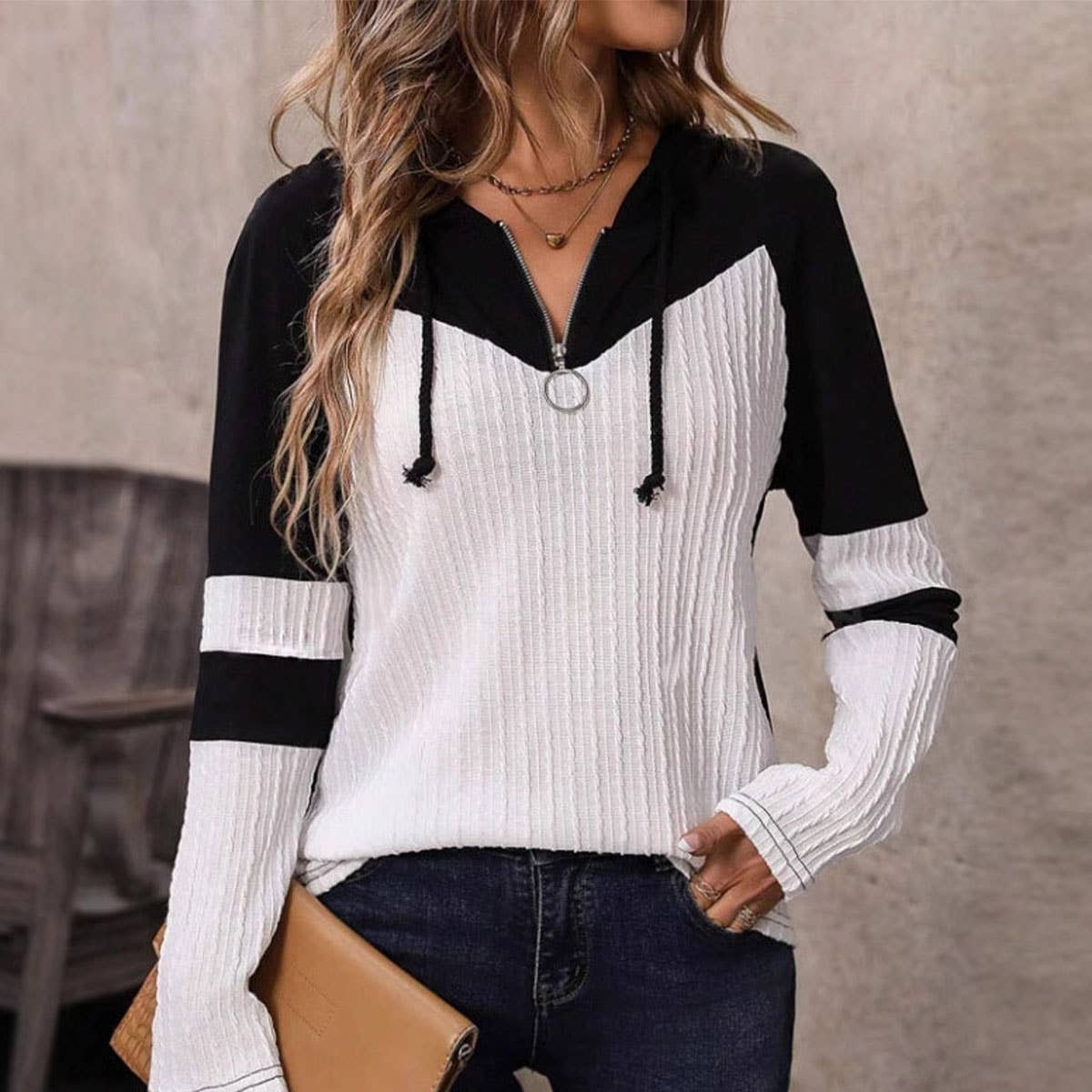 ZIPPER FRONT KNIT LONG SLEEVE COLOR HOODIE