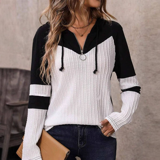 ZIPPER FRONT KNIT LONG SLEEVE COLOR HOODIE