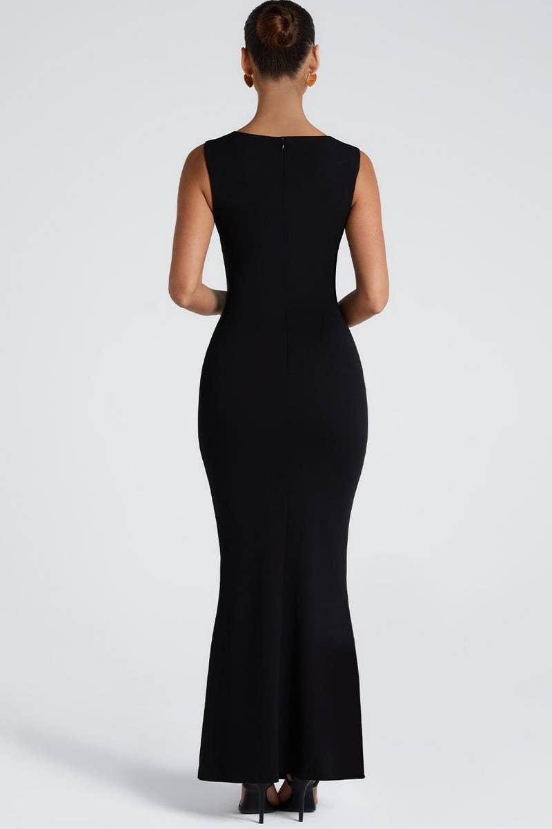 CWDMD5608_SQUARE NECK WAIST SLIMMING SOLID LONG DRESS