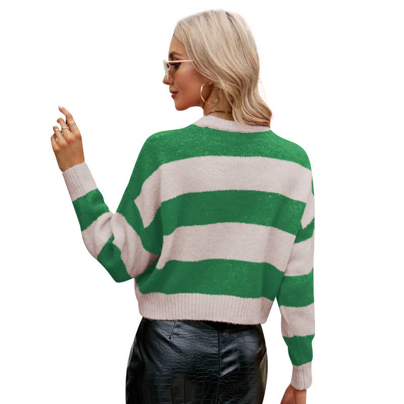 SHORT CREW NECK SWEATER STRIPED MOHAIR SWEATER