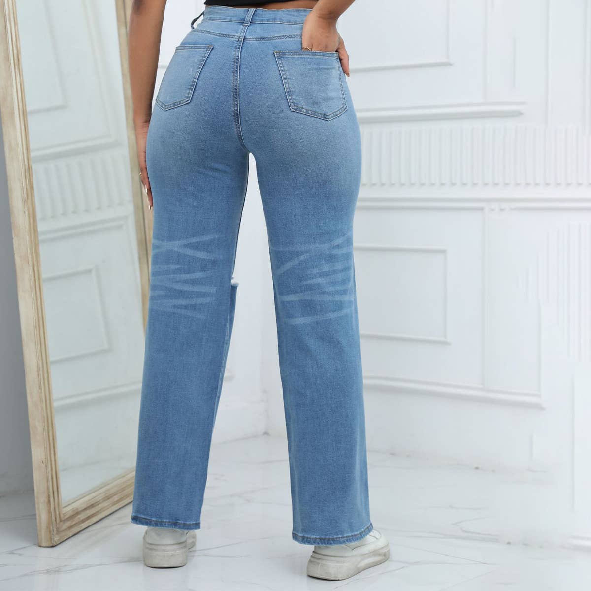 WOMENS WASHED HOLE BELL BOTTOMED PANTS JEANS_CWJP0166