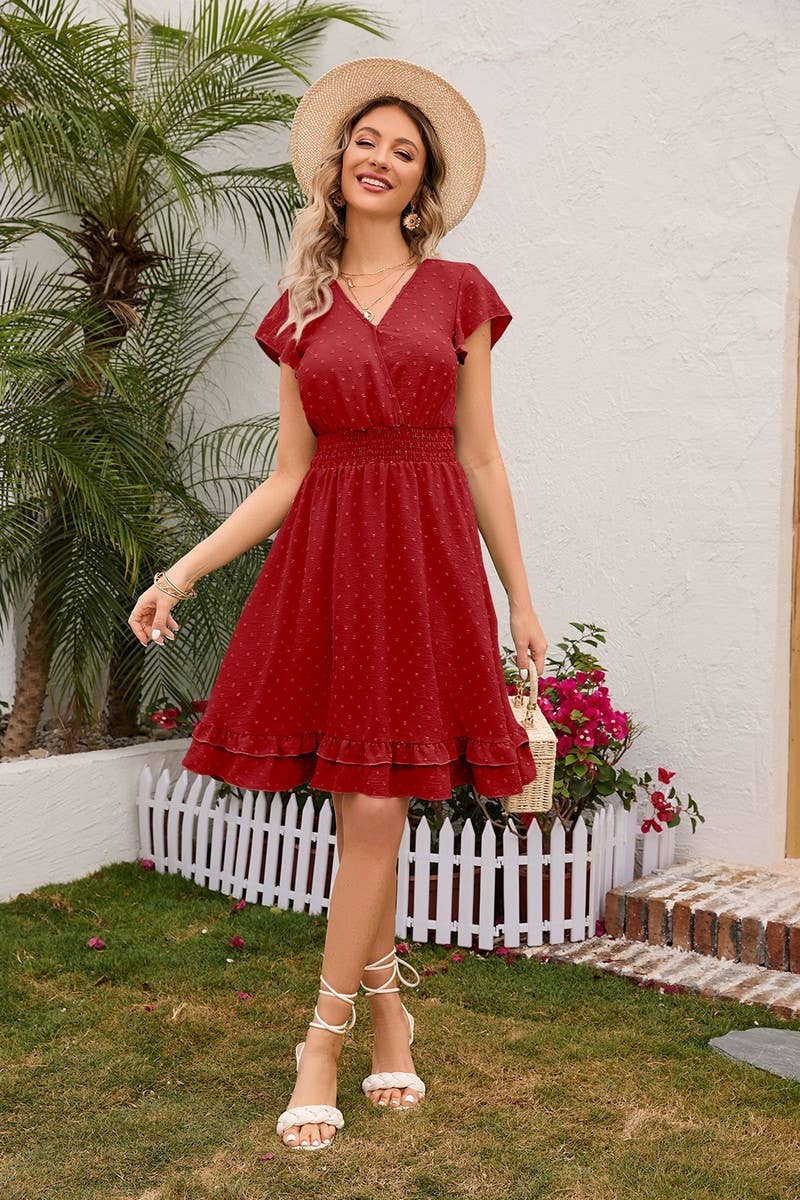 CWDSD4003_V-NECK PINCHED WAIST JACQUARD SHORT DRESS