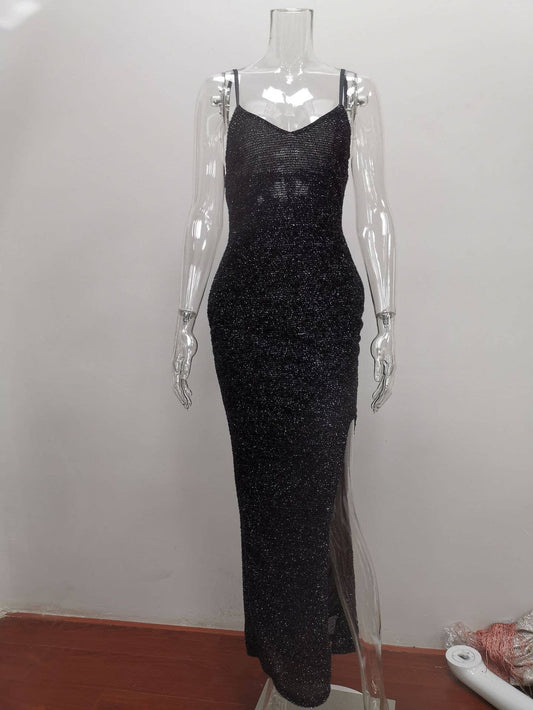 Sexy slit high-waisted halter V-neck dress