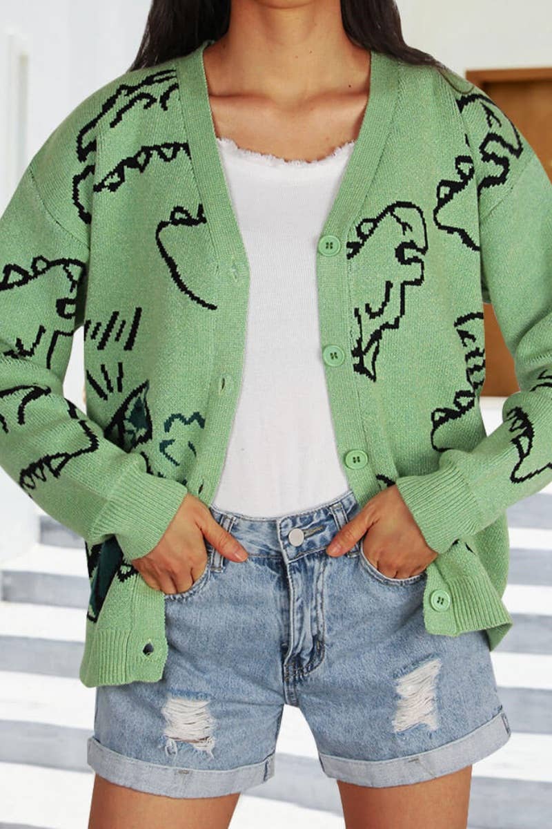 CWOCAL1574_WINTER LONGSLEEVED CARTOON DINOSAUR KNIT CARDIGAN