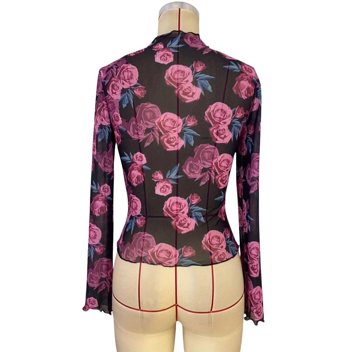 FLORAL-PRINT MESH LONG-SLEEVE MOCK NECK TOP