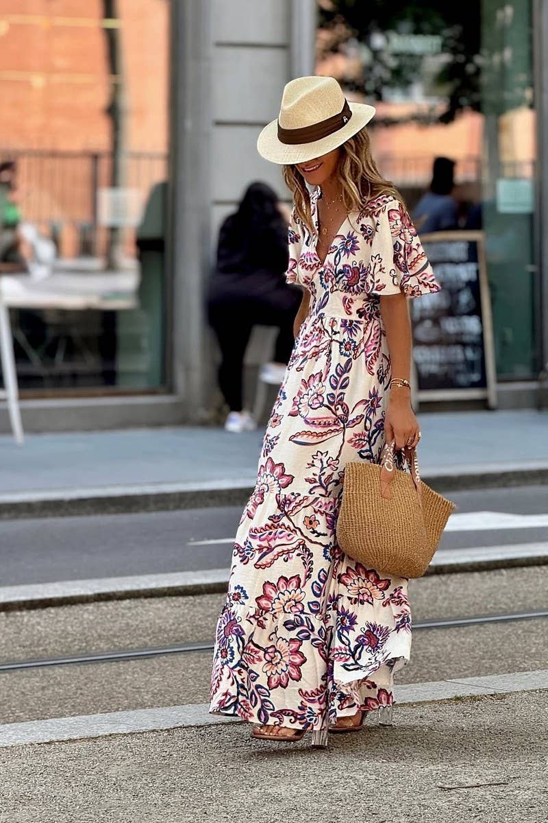 CWDMD6482_FLORAL V-NECK RUFFLE SLEEVE BELTED DRESS