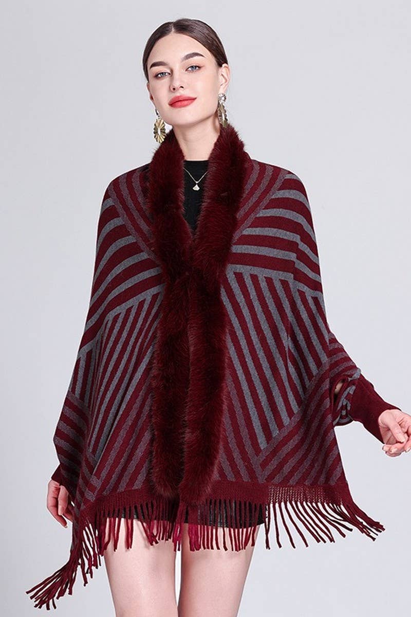 CWOCAL0971_STRIPED FRINGED KNITTED CAPE CARDIGAN