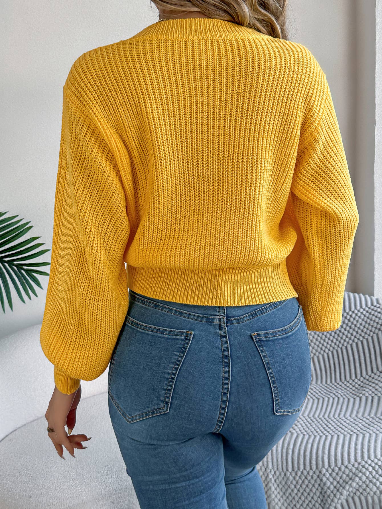 Lantern long-sleeved cinched-waist sweater