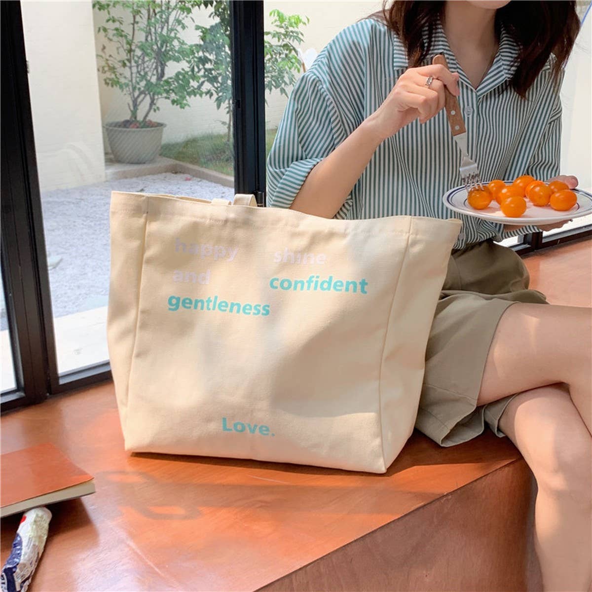 CWAB5815_LARGE CAPACITY CANVAS TOTE BAG WITH LETTER PRINT