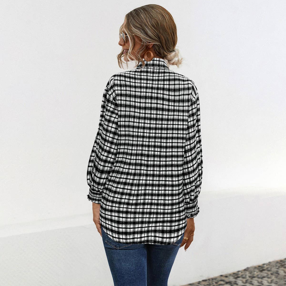 Temperament loose puffed sleeve plaid shirt