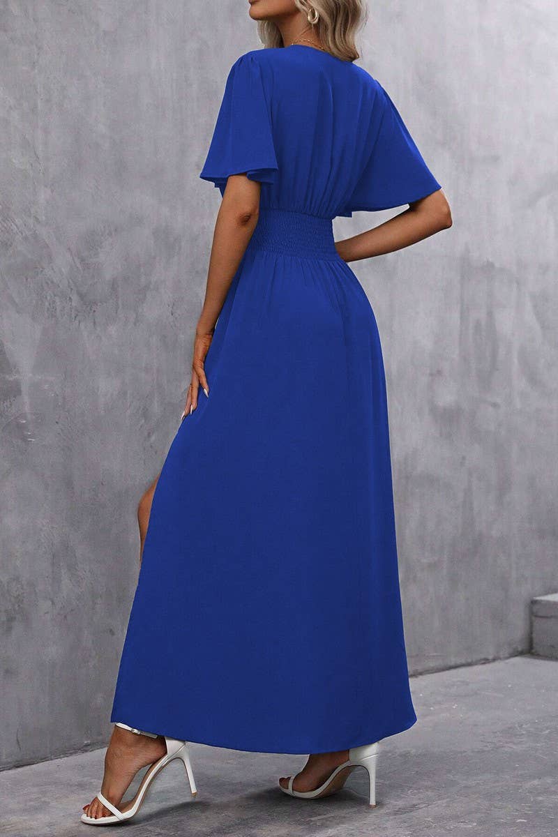 CWDMD4647_SOLID COLOR FLYING SLEEVES HIGH SLIT DRESS