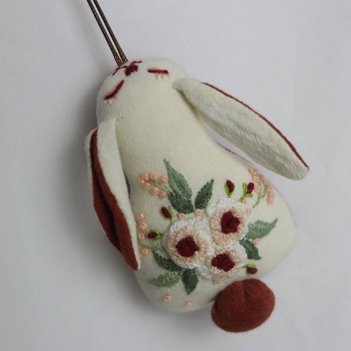 Hand-Embroidered Rose Bunny Plush Charm