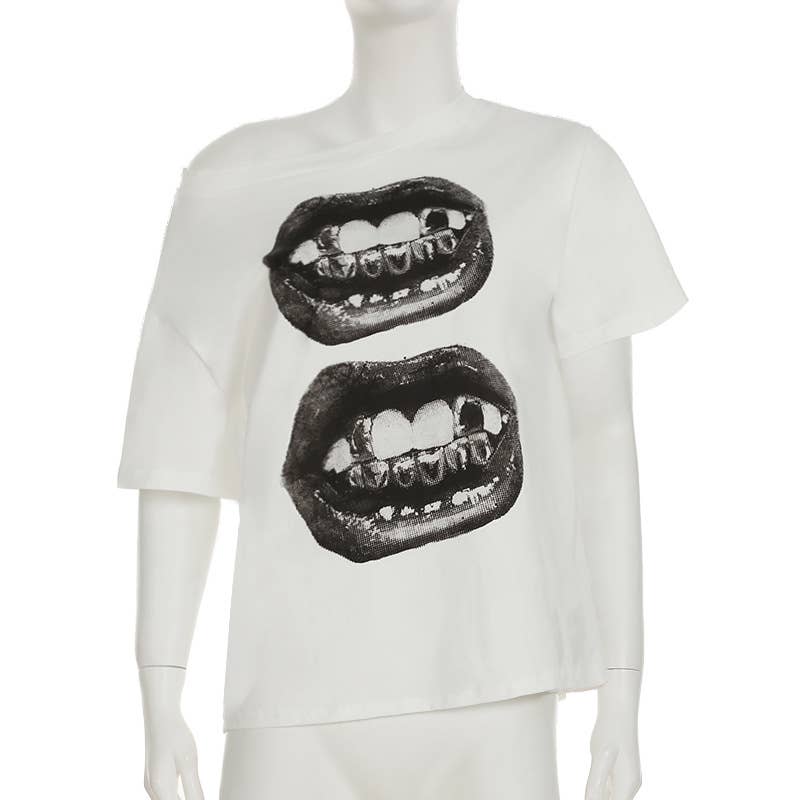 Hip hop style mouth print design one-shoulder Top