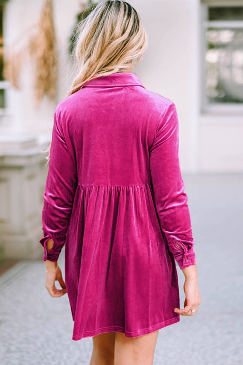 CWDSD6622_VELVET HIGH-WAISTED LONG-SLEEVED SHIRT DRESS