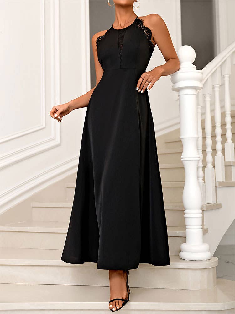 Lace embellished halter long, high slit dress