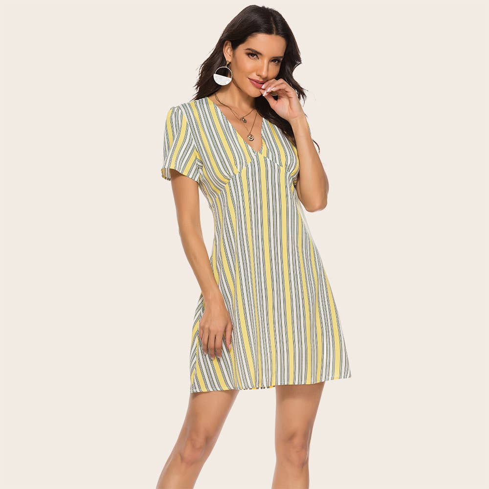 Lemon yellow striped V-neck short-sleeved dress