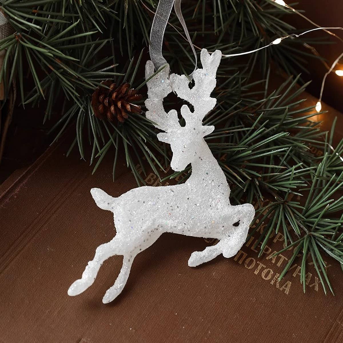 Plastic White Glitter Deer Xmas Tree Hanging Decor_CWMM9783