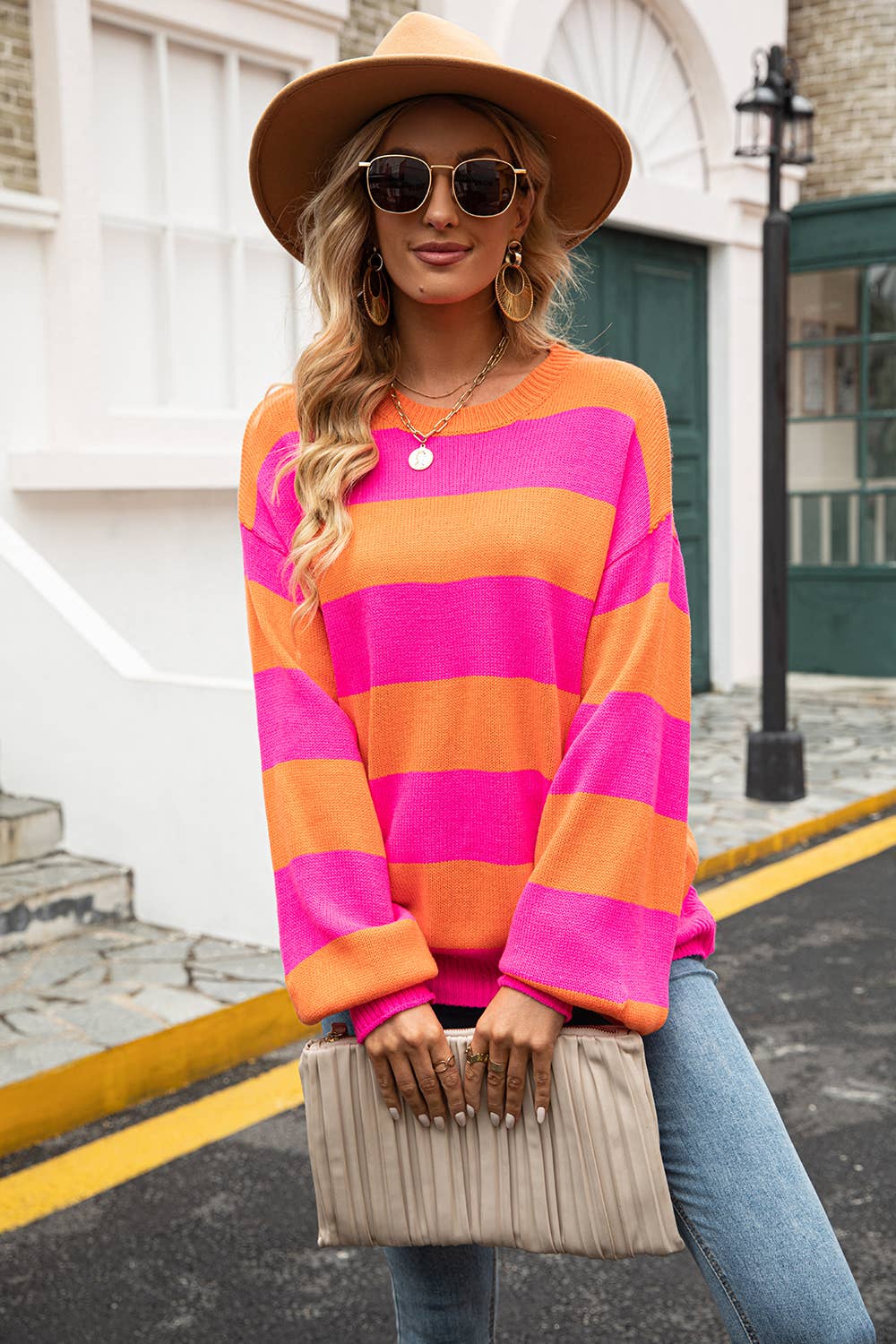 Striped crew neck knit loose slouchy base