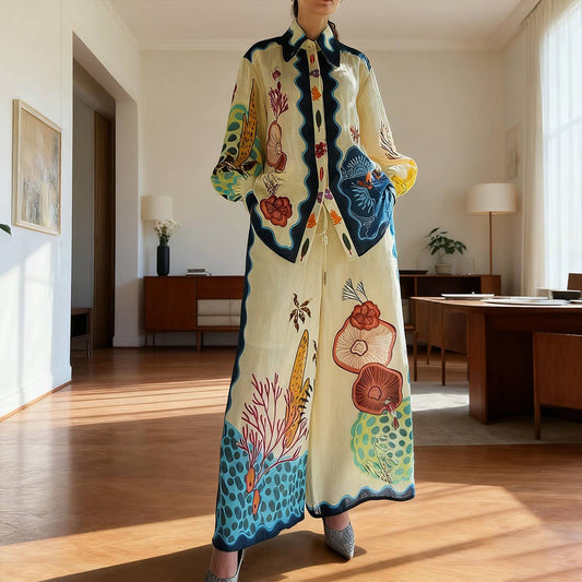 Printed puffed-sleeve casual drawstring suit