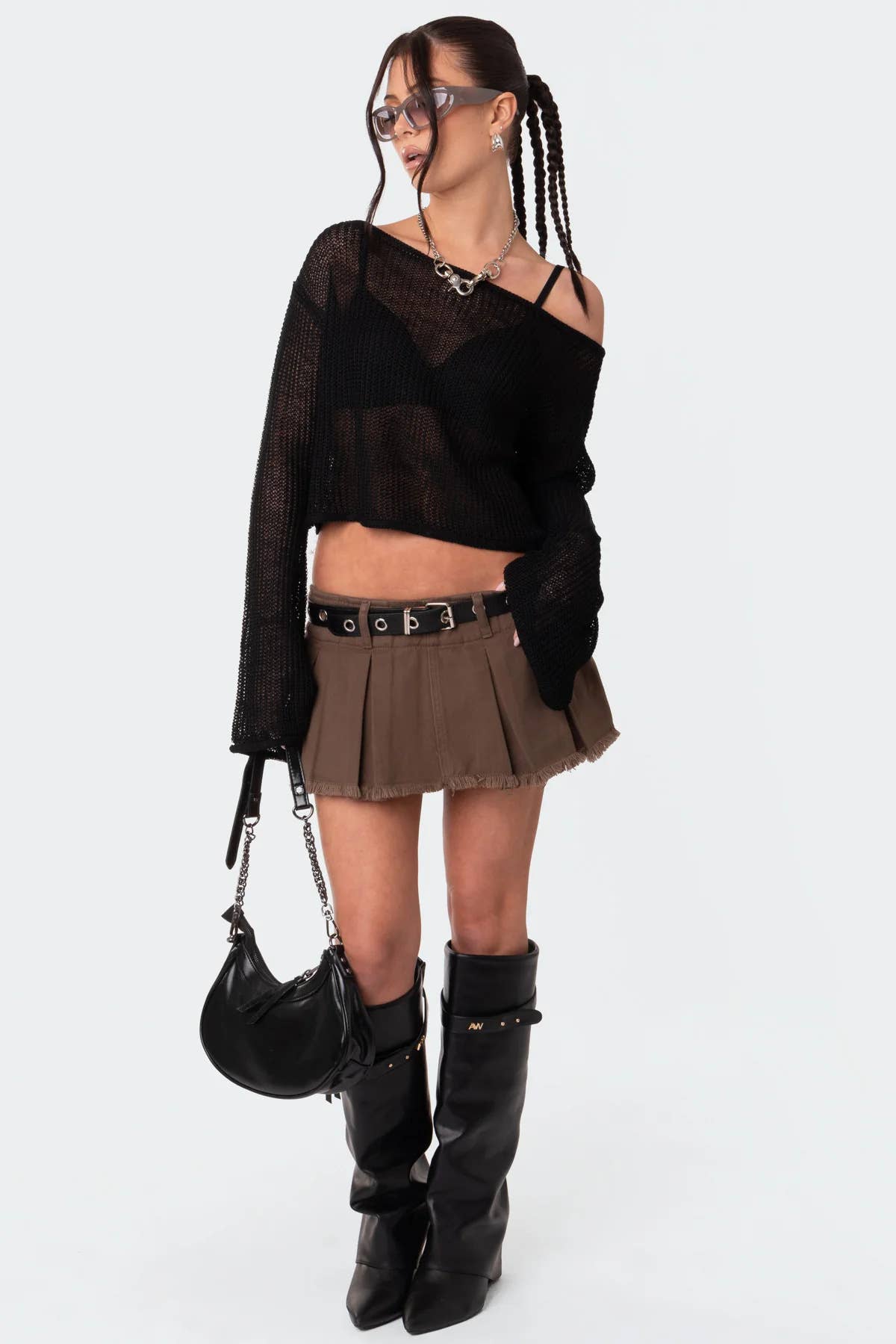 See-through flared sleeve pullover knitted smock
