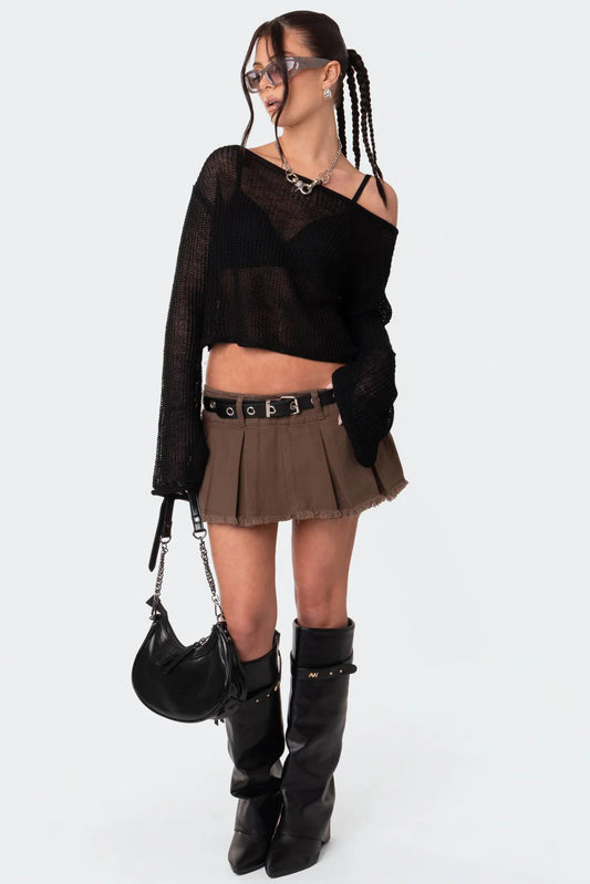 See-through flared sleeve pullover knitted smock