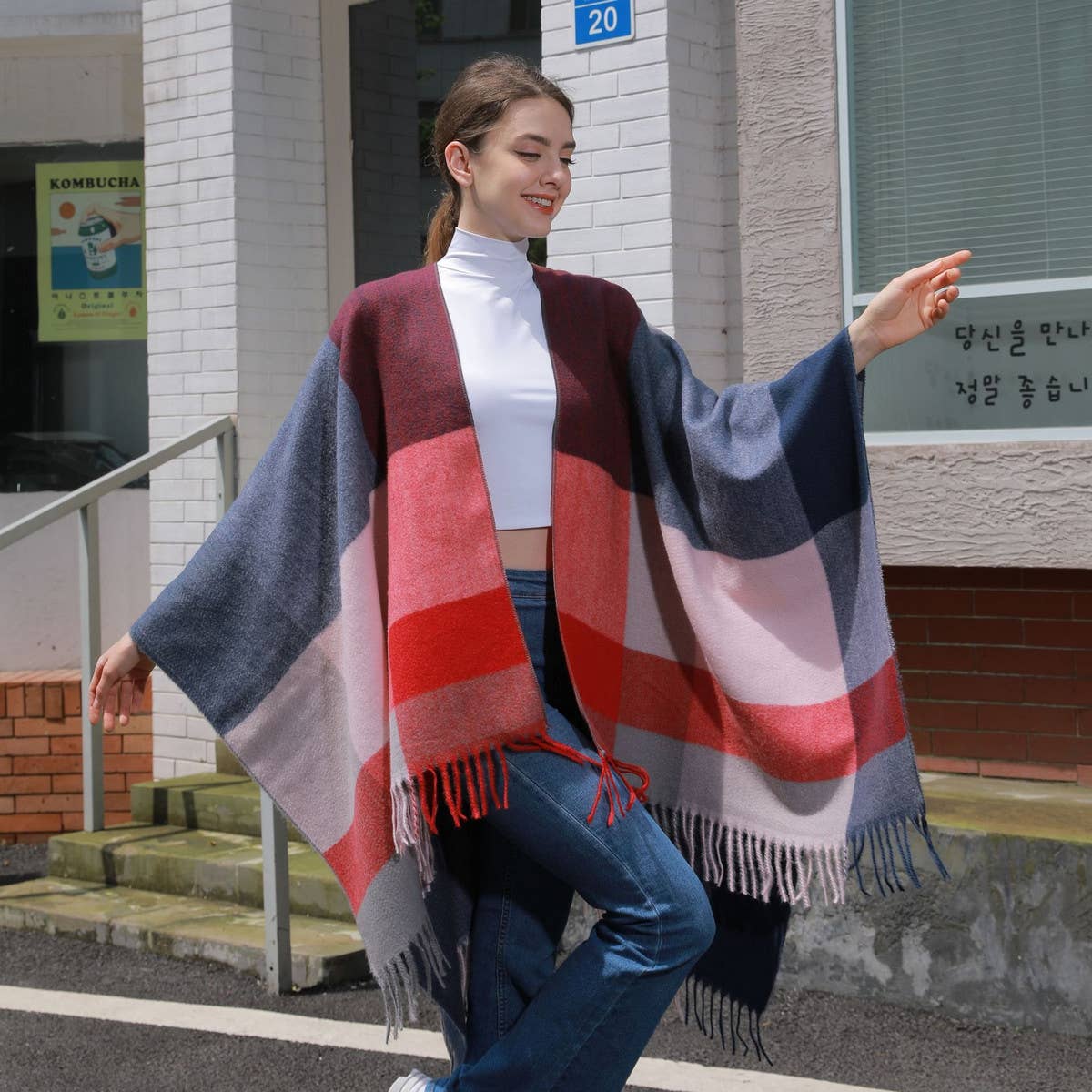 SIMPLE TASSEL MULTI-COLOR LARGE PLAID SHAWL_CWASC0942