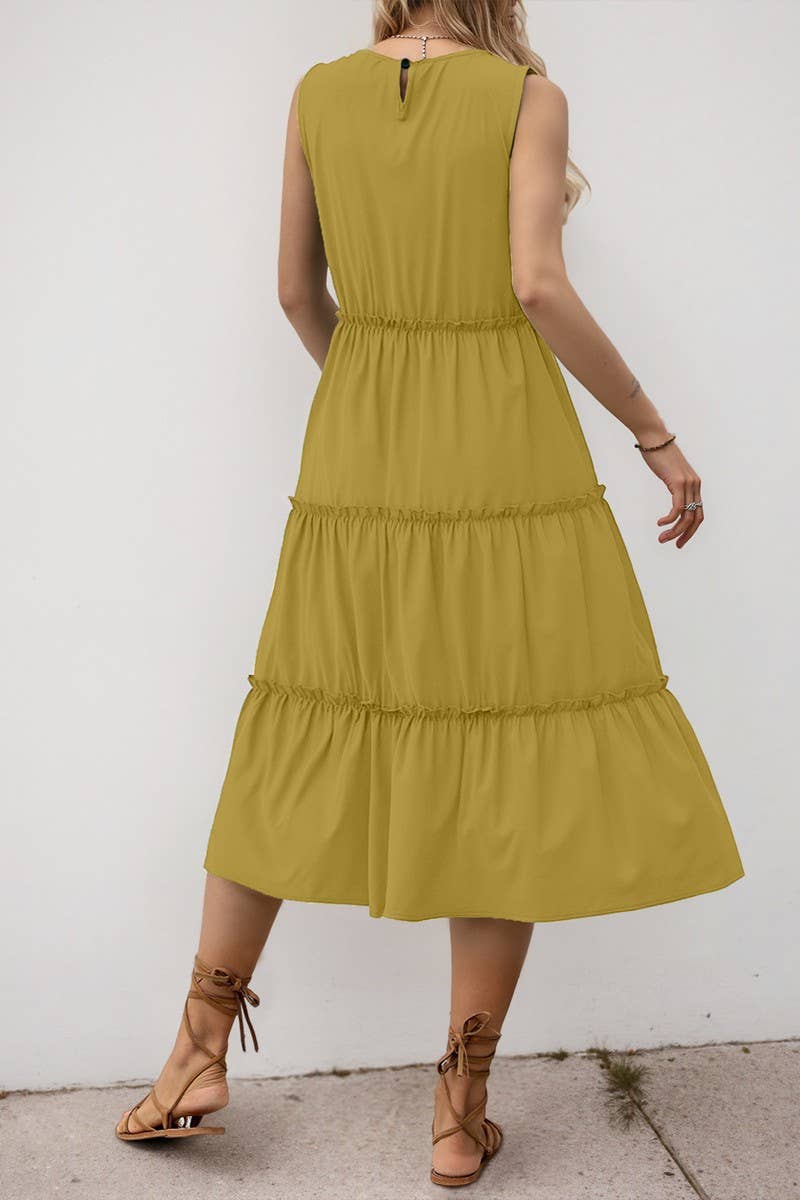 CWDMD5773_SOLID RUFFLED SLEEVELESS PLEATED MIDI DRESS