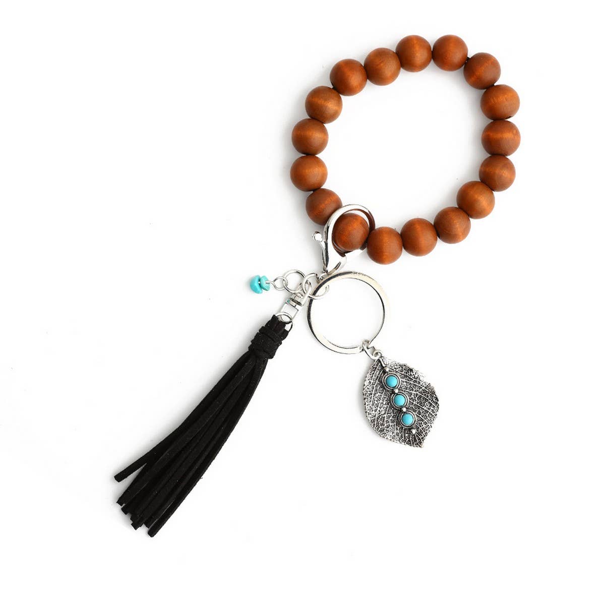 Boho Tassel Keychain with Leaf Charm and Wood Beads_CWAB5087