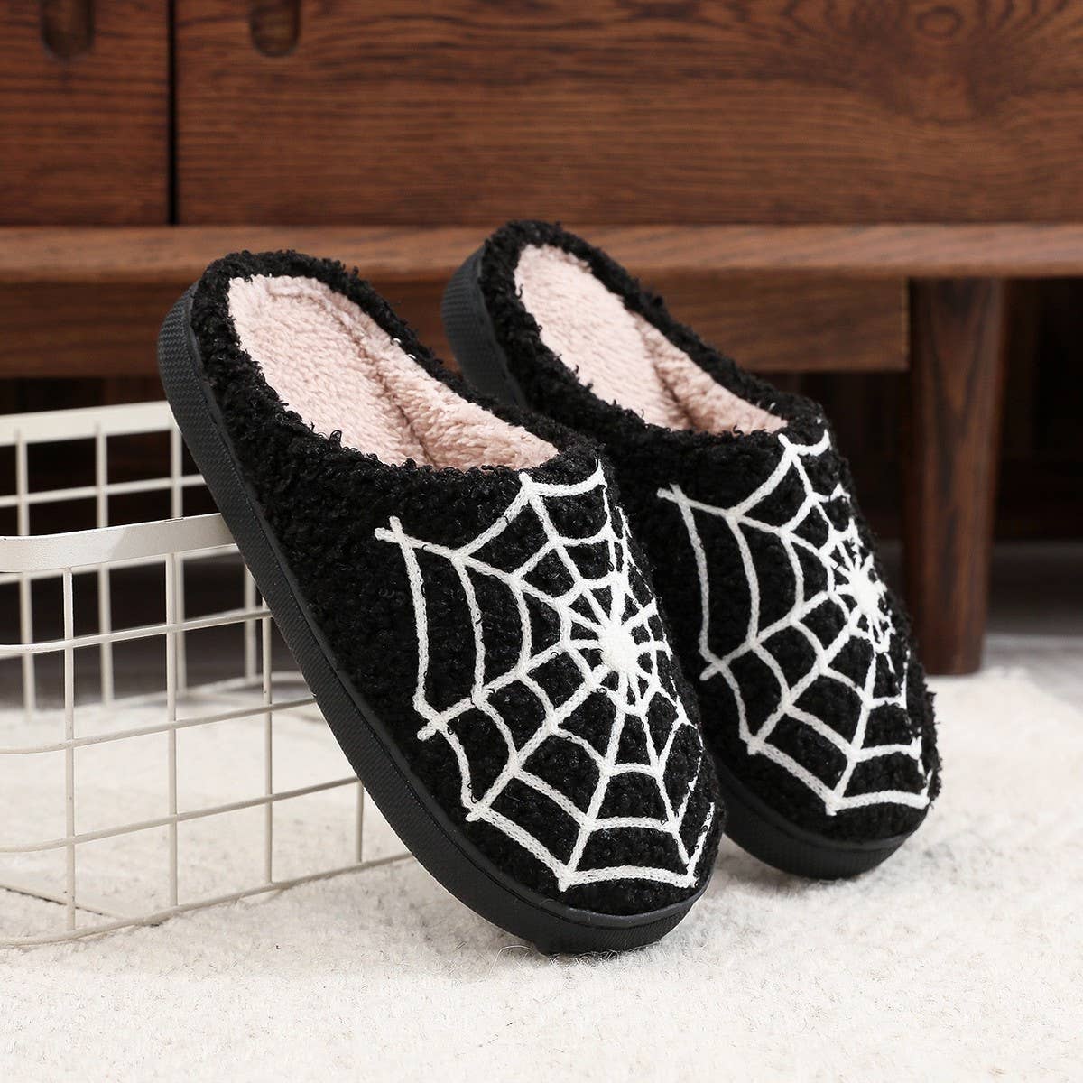 HALLOWEEN SPIDER WEB EMBROIDERED COTTON SLIPPERS