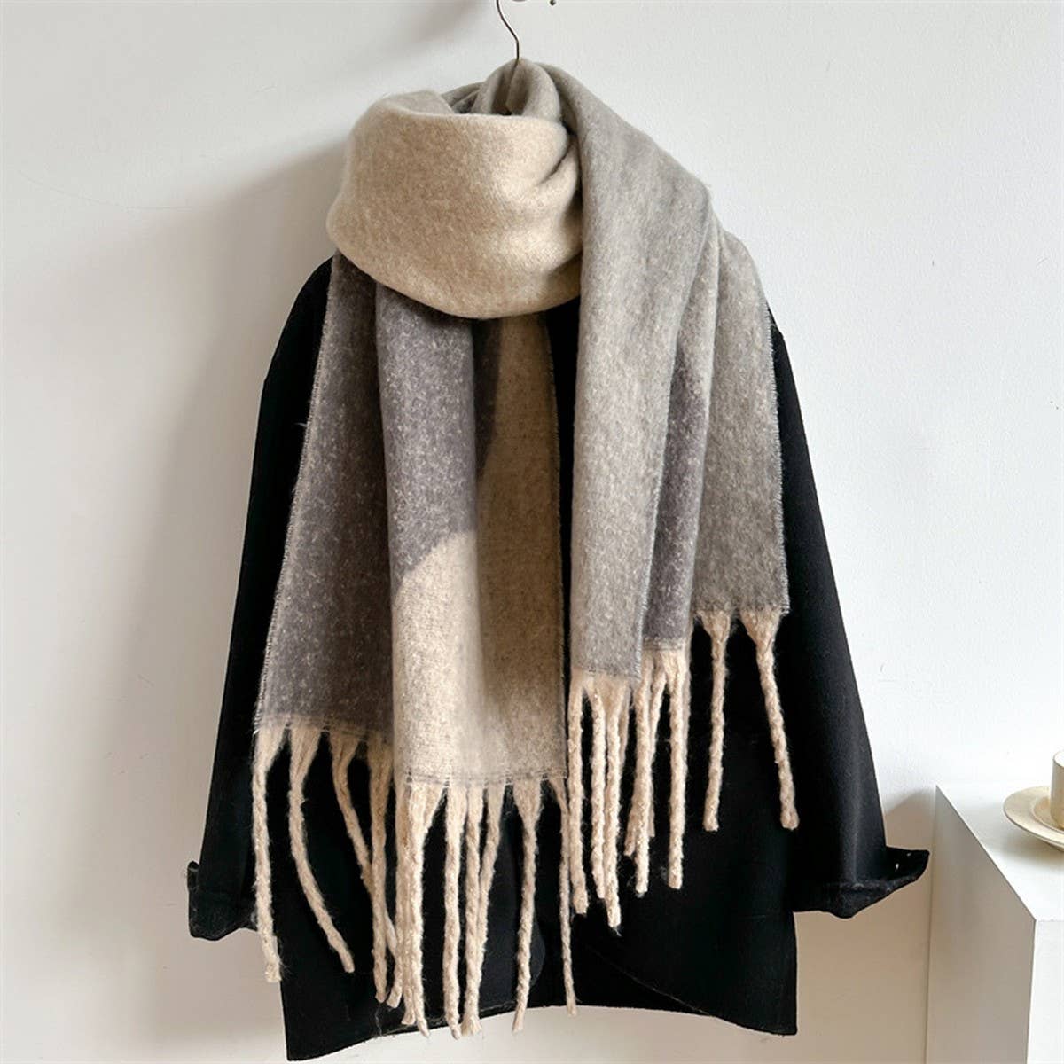 Geometric Fringe Wool Scarf,Thick Colorblock Shawl