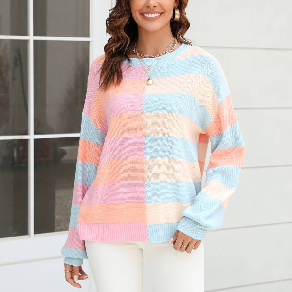STRIPED CONTRA COLOR CREW NECK SWEATER PULLOVER