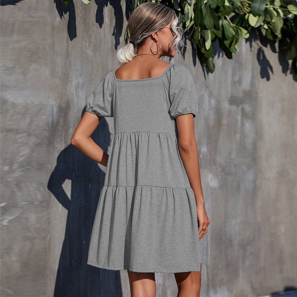 SOLID COLOR KNITTED SQUARE COLLAR DRESS