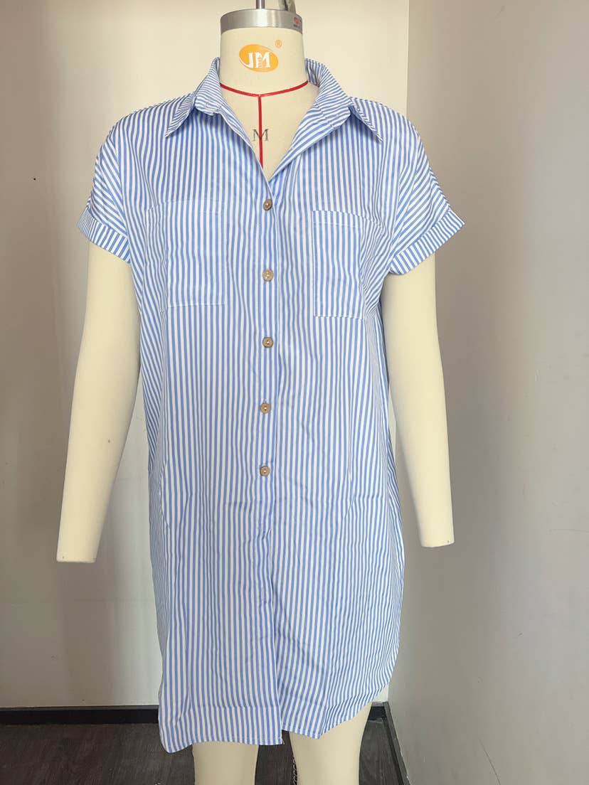 Short-sleeved striped cotton linen dress