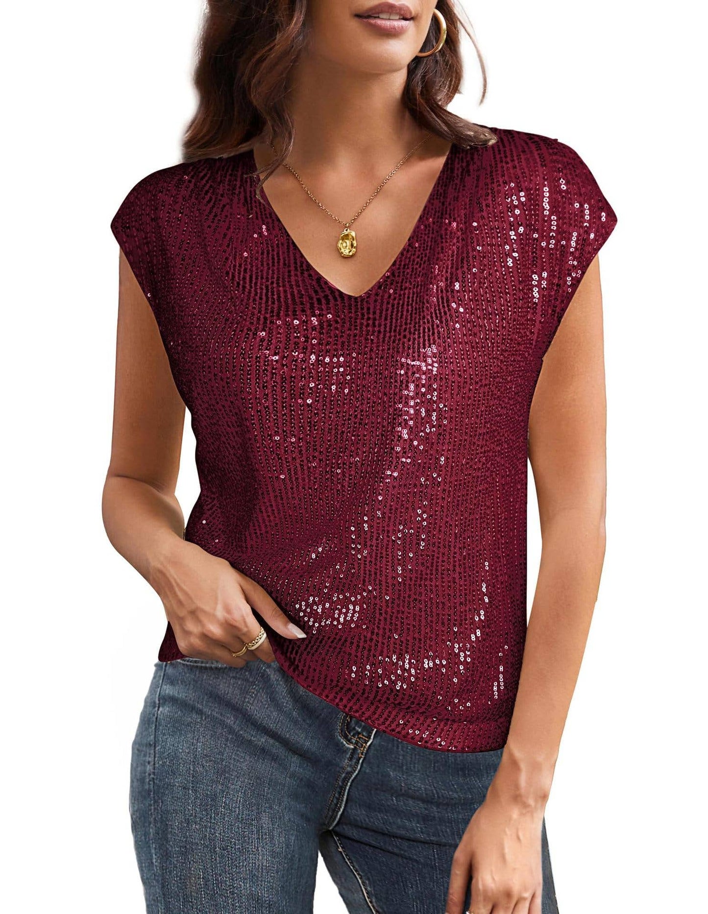 V-neck sequined short-sleeved slim-fit top