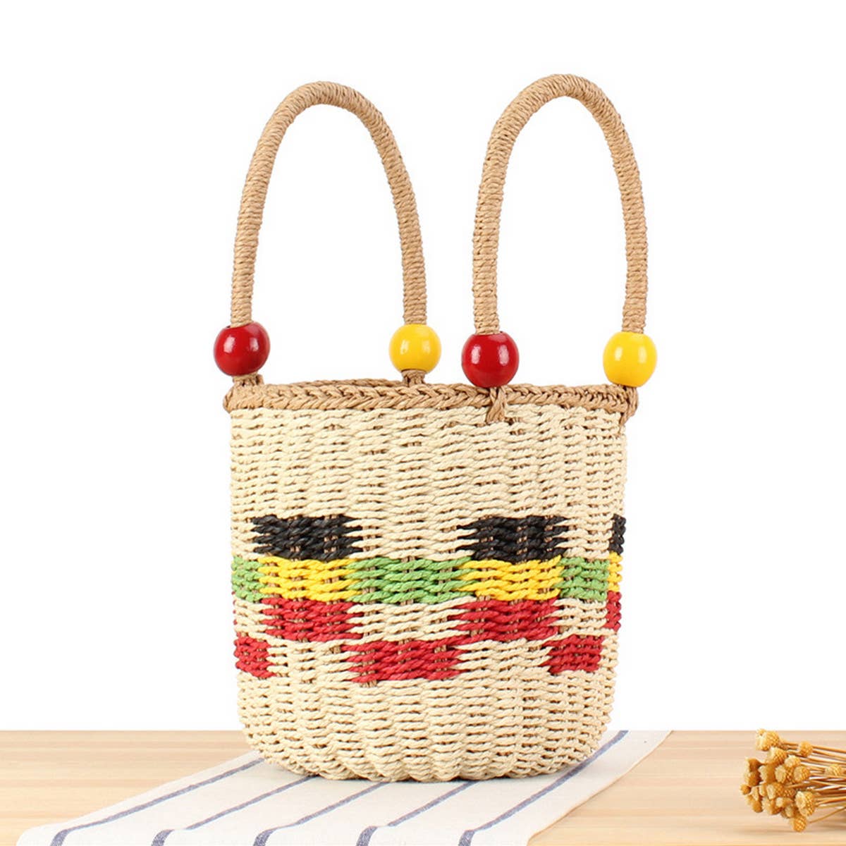 TWO-TONE BEADED PLAID STRAW BUCKET BAG_CWAB2110