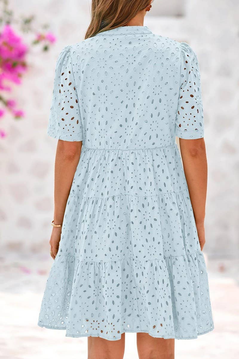 CWDSD8527_V-NECK HOLLOW LACE ELEGANT A-LINE DRESS