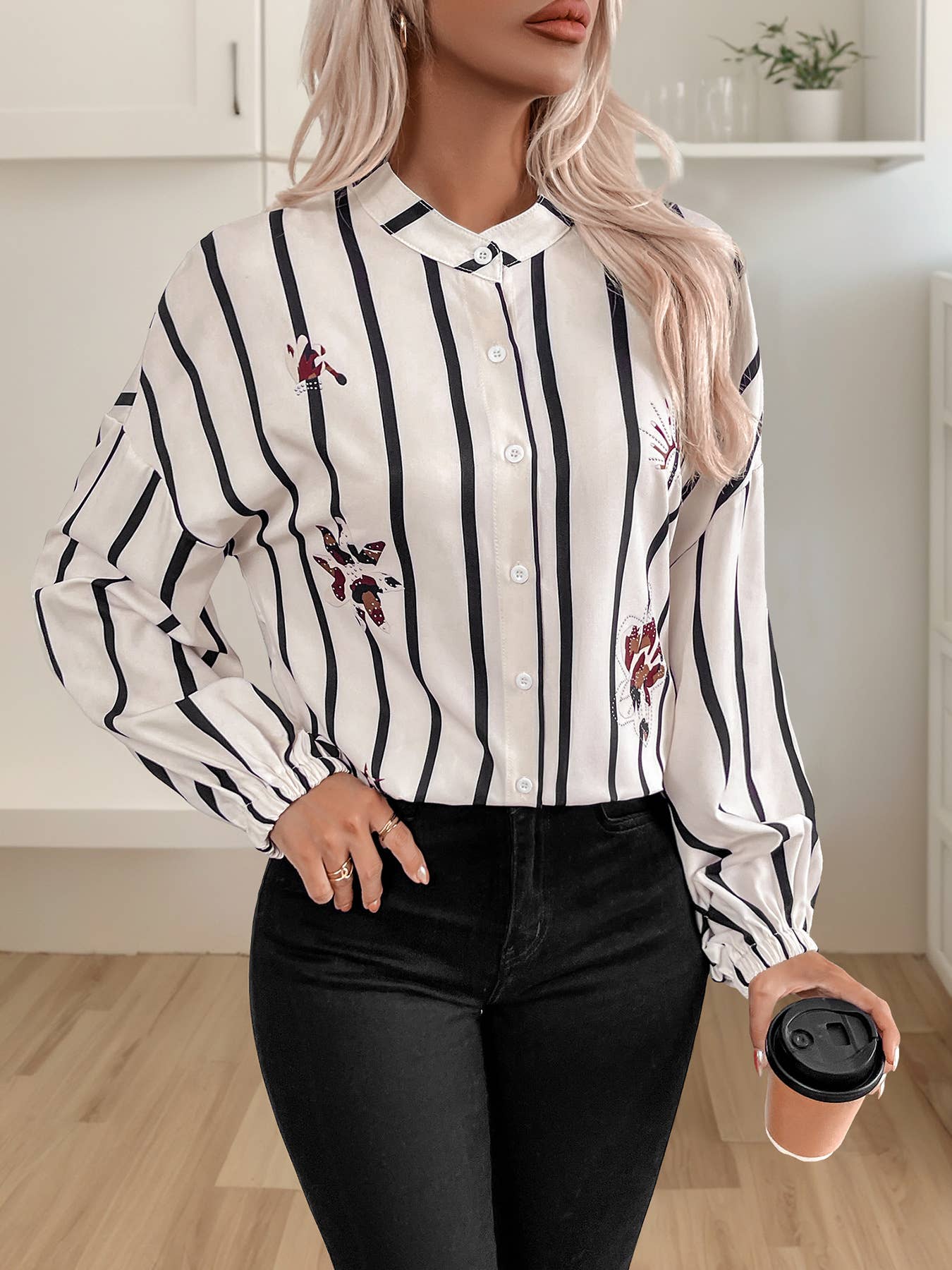 Stand-up collar long-sleeved striped shirt