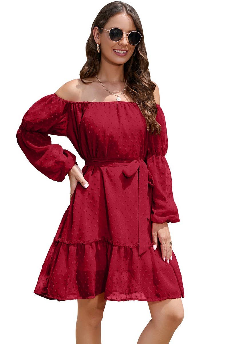 CWDSD8400_OFF SHOULDER POM POM CHIFFON BELTED DRESS