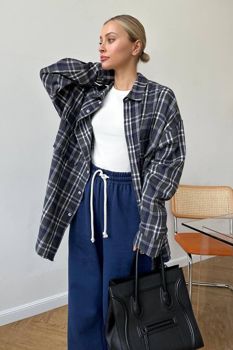 Cwtstl2319_Vintage Plaid Pocket Long Sleeve Shirt Top