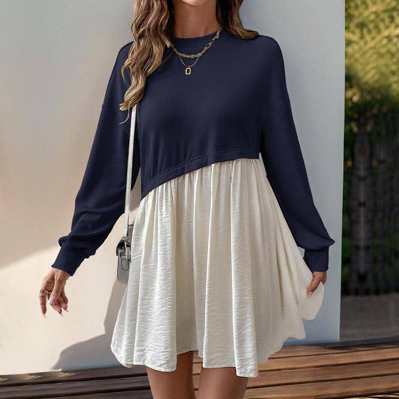 Round neck collision color stitching short dress