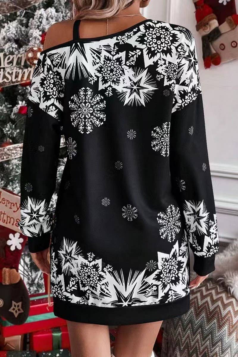 CWDSD10877_CHRISTMAS SNOWFLAKE OFF SHOULDER DRESS