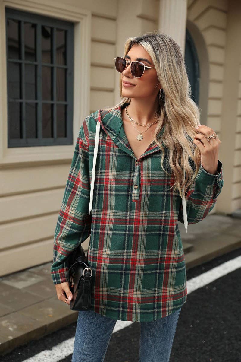 CWOHOL1113_AUTUMN AND WINTER PLAID LOOSE HOODED SWEATSHIRT
