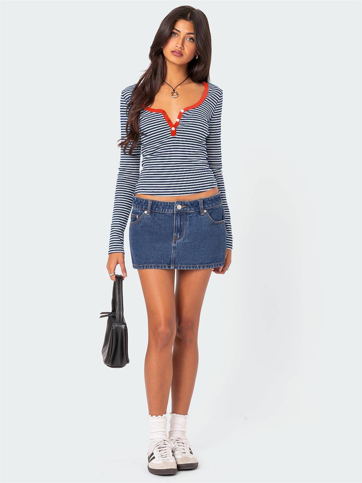 STRIPED COLOR CONTRAST KNIT BUTTON COTTON T-SHIRT