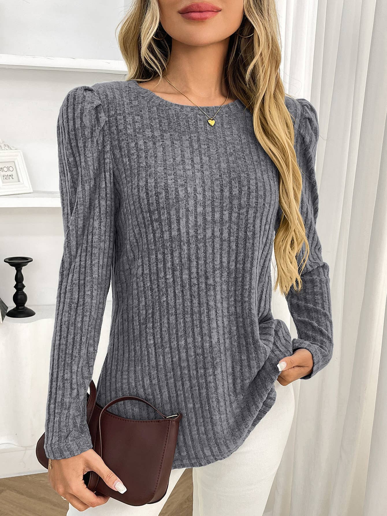 Round-neck puffed-sleeve brushed striped T-shirt