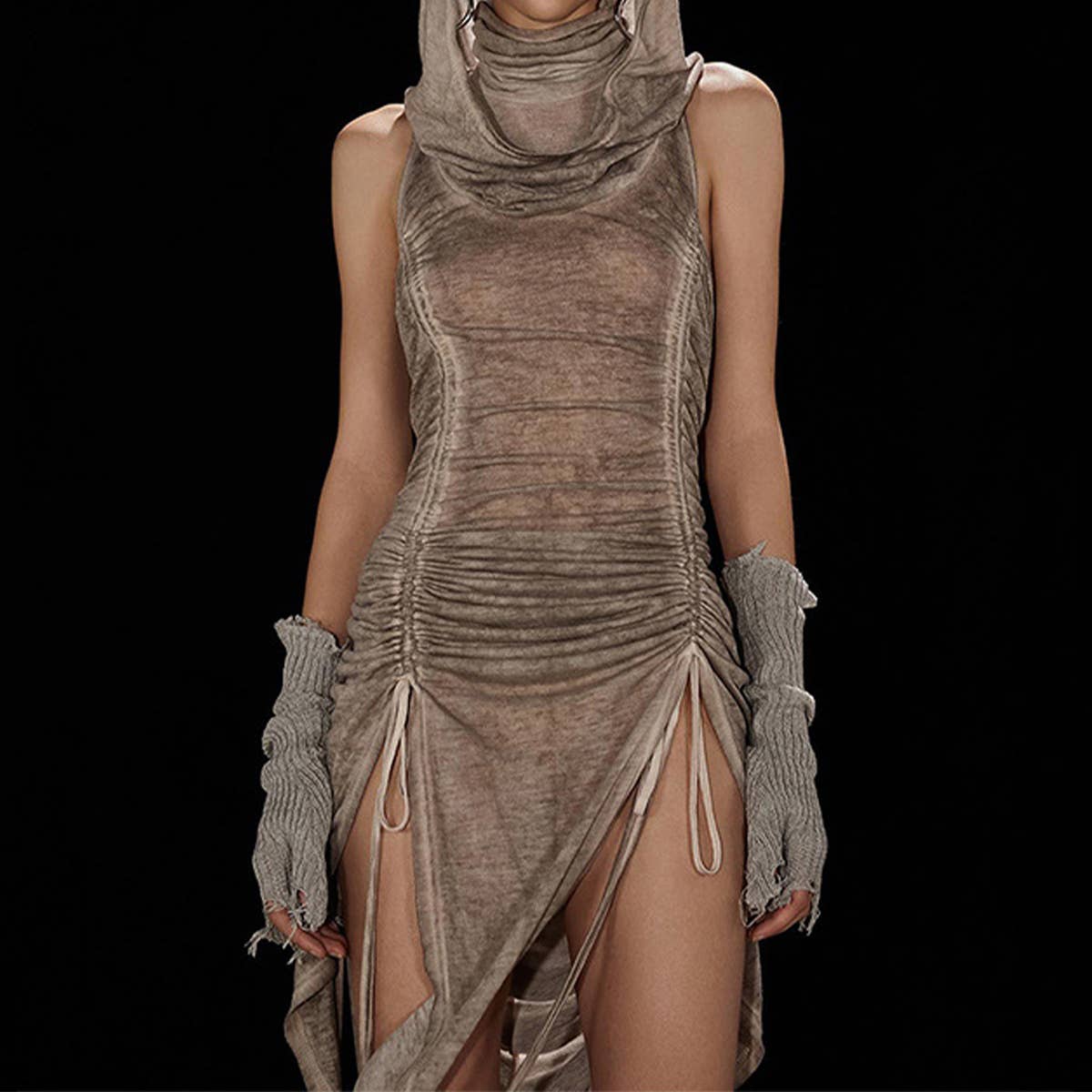 Ruched cutout drawstring hooded bodycon dress