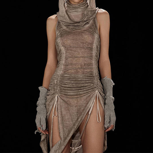 Ruched cutout drawstring hooded bodycon dress