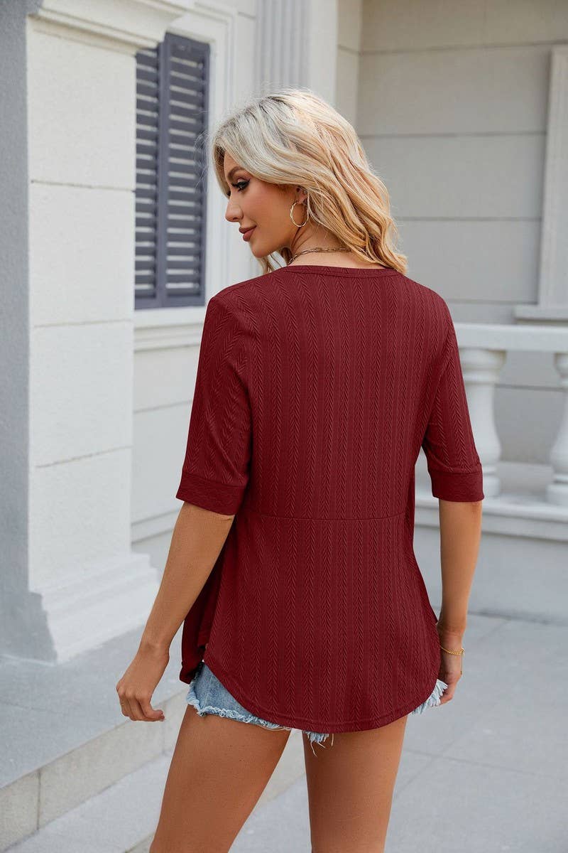 SQUARE COLLAR BUTTON PATCHWORK MID SLEEVE SHIRT_CWTSTS0284