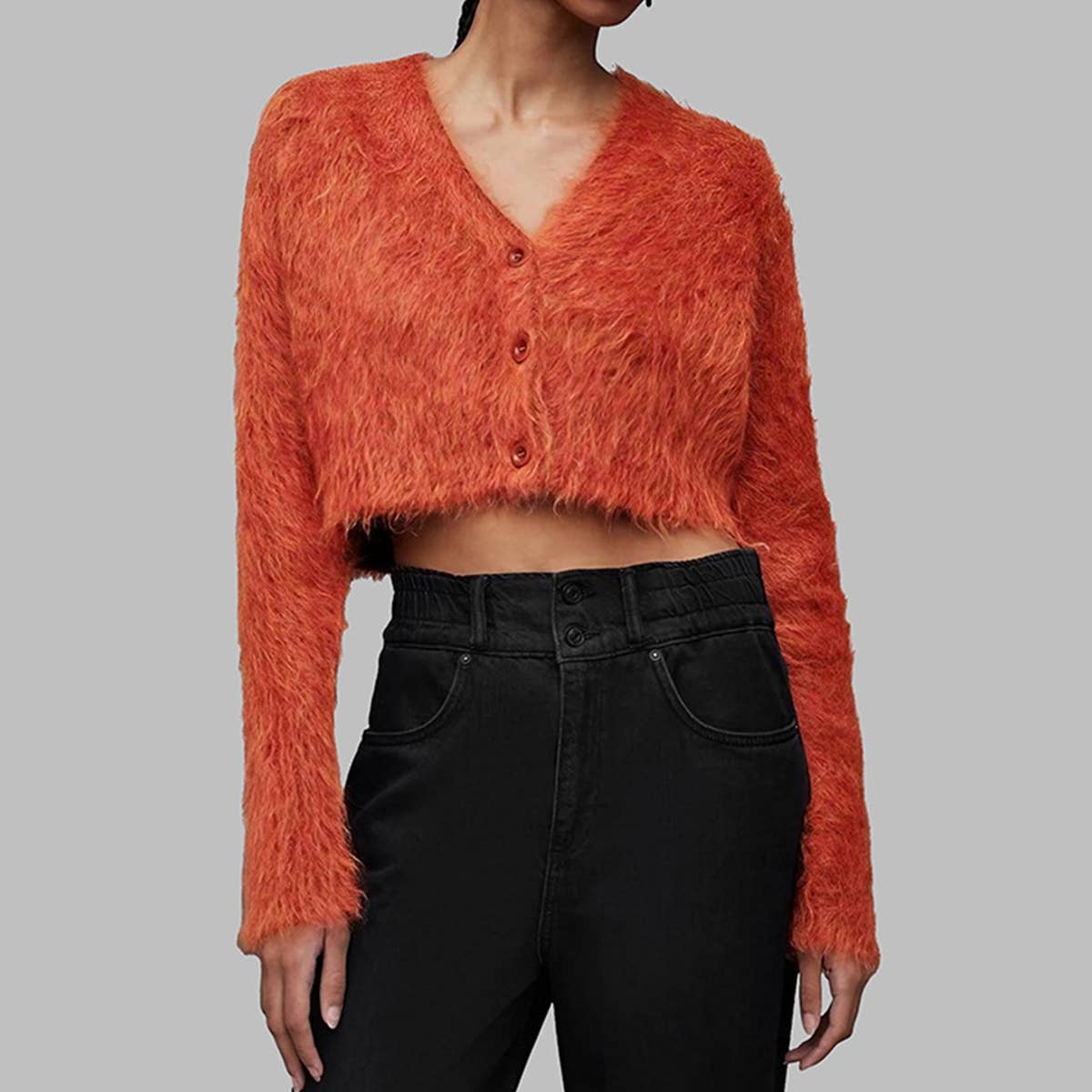 V-NECK SINGLE BREASTED MINK HAIR SHORT SWEATER
