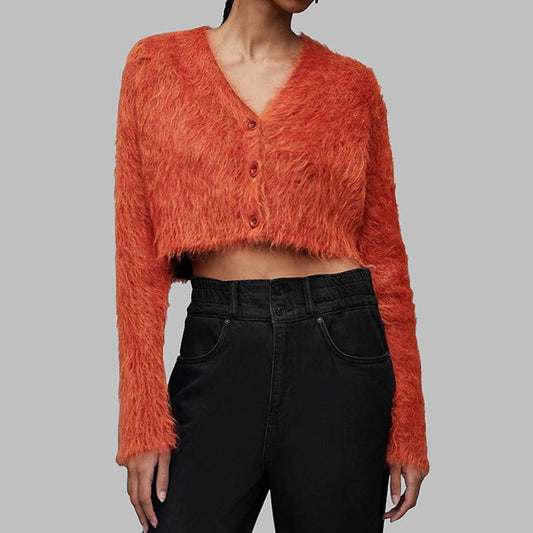 V-NECK SINGLE BREASTED MINK HAIR SHORT SWEATER